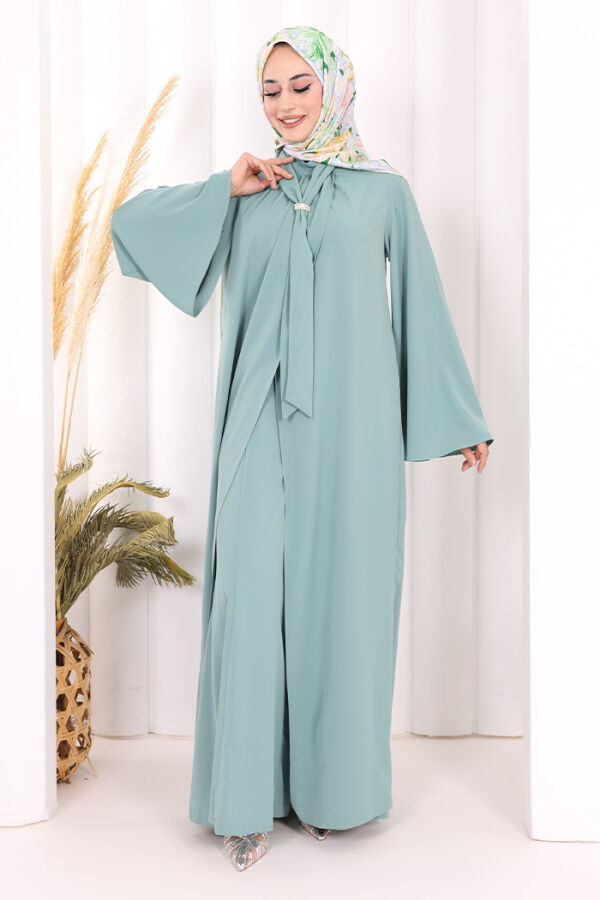 Broş Detaylı Tulum Abaya ve Takım 8016 Mint - 5