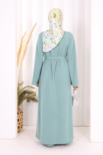 Broş Detaylı Tulum Abaya ve Takım 8016 Mint - 6