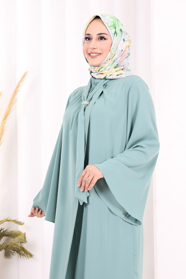 Broş Detaylı Tulum Abaya ve Takım 8016 Mint - 8