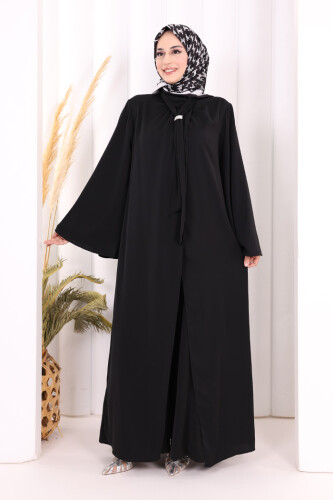 Broş Detaylı Tulum Abaya ve Takım 8016 Siyah 