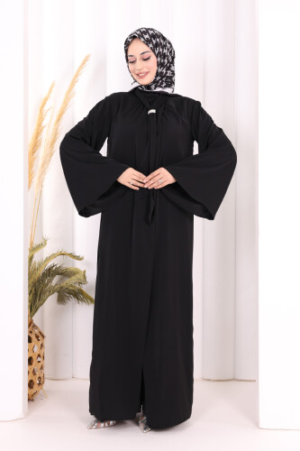 Broş Detaylı Tulum Abaya ve Takım 8016 Siyah - 2