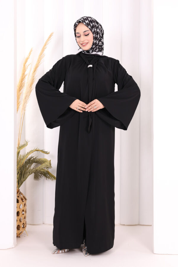 Broş Detaylı Tulum Abaya ve Takım 8016 Siyah - 2