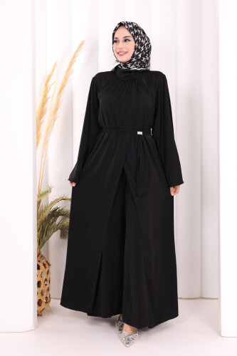 Broş Detaylı Tulum Abaya ve Takım 8016 Siyah - 4