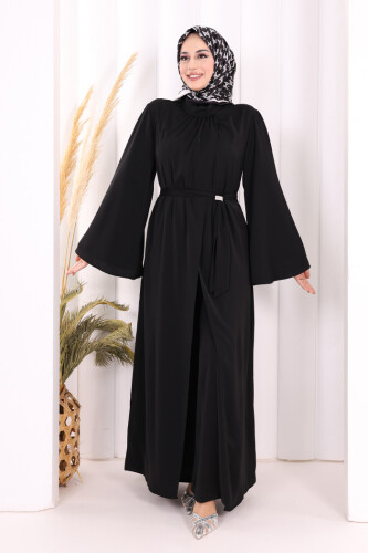 Broş Detaylı Tulum Abaya ve Takım 8016 Siyah - 5