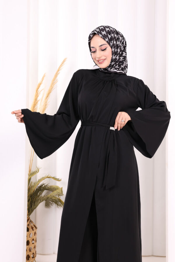 Broş Detaylı Tulum Abaya ve Takım 8016 Siyah - 7