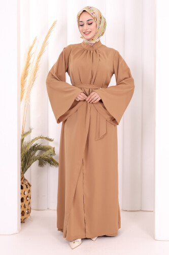 Broş Detaylı Tulum Abaya ve Takım 8016 Taba - 2