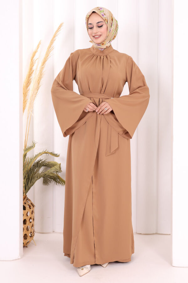 Broş Detaylı Tulum Abaya ve Takım 8016 Taba - 2