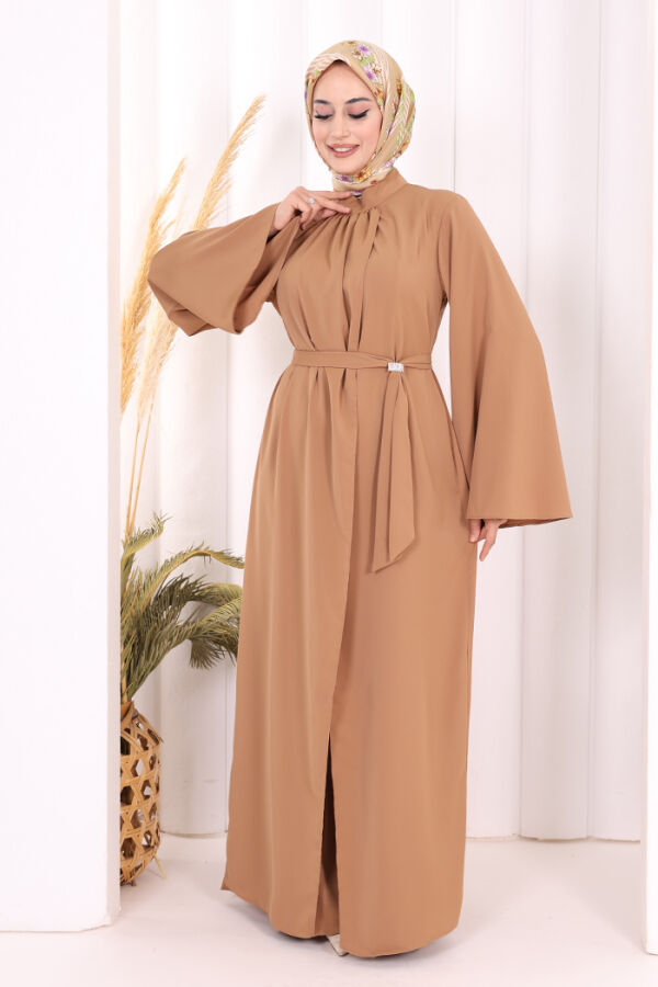 Broş Detaylı Tulum Abaya ve Takım 8016 Taba - 3