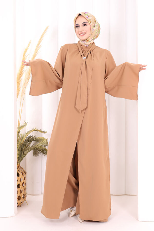 Broş Detaylı Tulum Abaya ve Takım 8016 Taba - 4