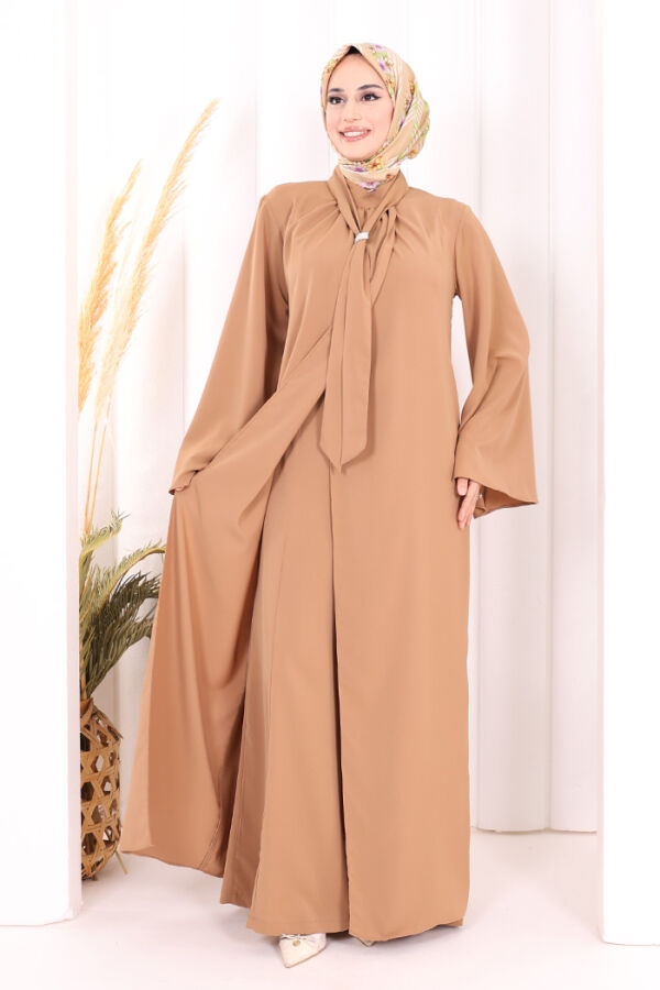 Broş Detaylı Tulum Abaya ve Takım 8016 Taba - 1