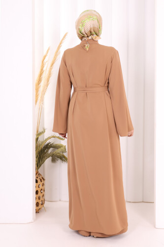 Broş Detaylı Tulum Abaya ve Takım 8016 Taba - 5