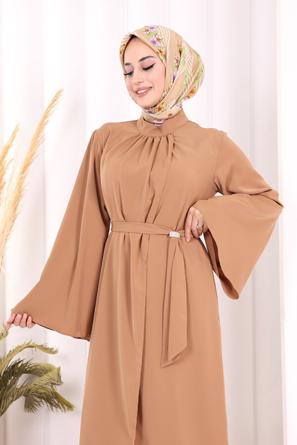 Broş Detaylı Tulum Abaya ve Takım 8016 Taba - 6