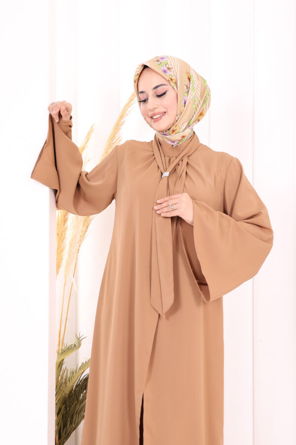 Broş Detaylı Tulum Abaya ve Takım 8016 Taba - 7