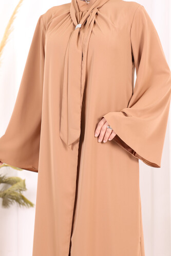 Broş Detaylı Tulum Abaya ve Takım 8016 Taba - 8