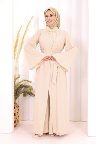 Broş Detaylı Tulum Abaya ve Takım 8016 Taş