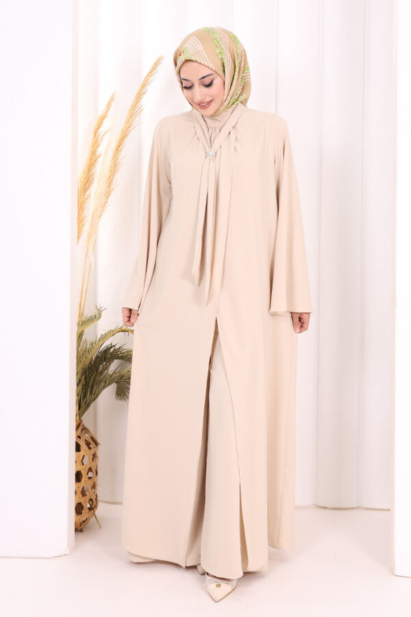 Broş Detaylı Tulum Abaya ve Takım 8016 Taş - 6