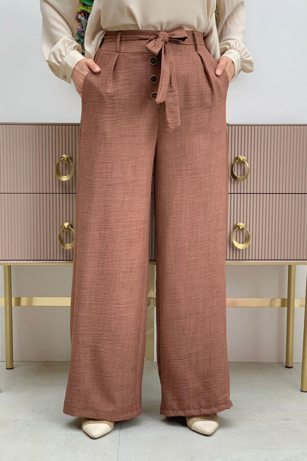 Lockere Hose mit Knöpfen, detaillierter Taille, Bindetasche, 0275, Dunkelbraun - 3