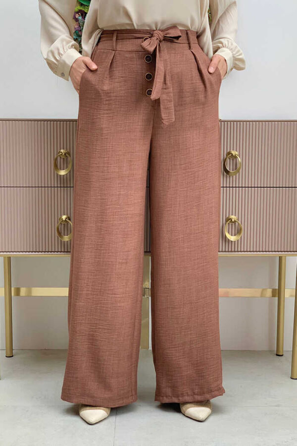 Button Detailed Waist Tie Pocket Loose Trousers 0275 Dark Brown - 1