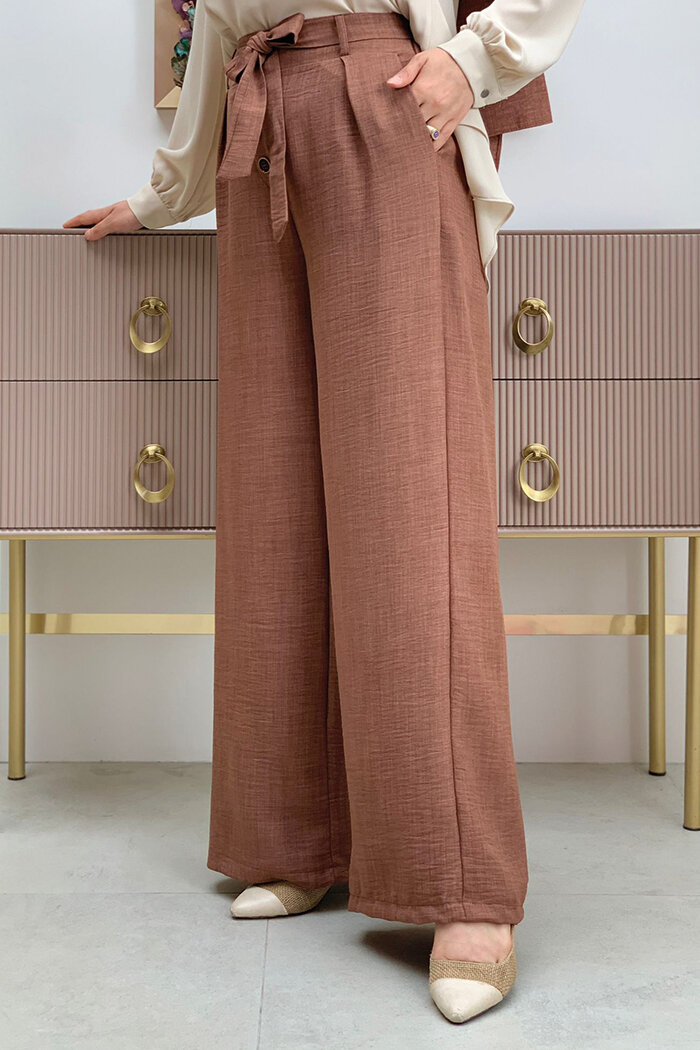 Button Detailed Waist Tie Pocket Loose Trousers 0275 Dark Brown - 4