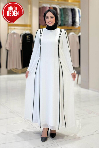 Büyük Beden Düğme Detaylı Elbise 3919-1 Ekru - Bym Fashion