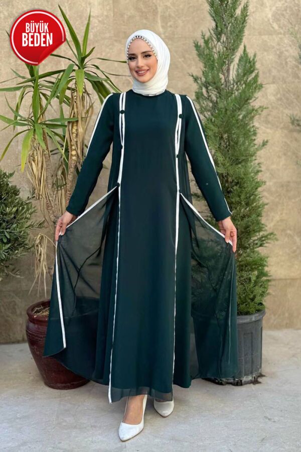 Büyük Beden Düğme Detaylı Elbise 3919-1 Zümrüt - 1