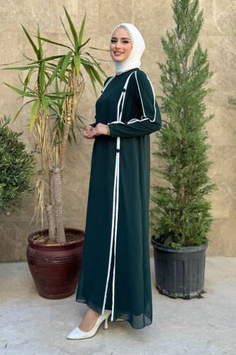 Büyük Beden Düğme Detaylı Elbise 3919-1 Zümrüt - 3