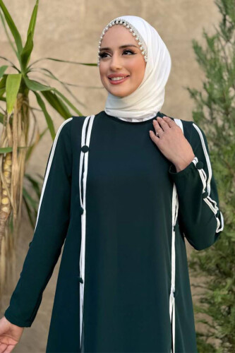 Büyük Beden Düğme Detaylı Elbise 3919-1 Zümrüt - 4
