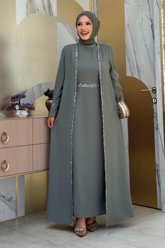 Büyük Beden Taş İşleme Detaylı Yelekli Elbise Takım 3838-1 Mint 