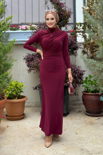 Büzgü Detaylı Sandy Elbise 3970 Bordo 