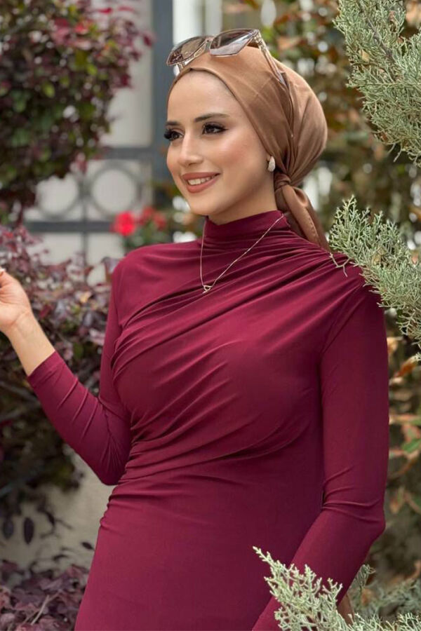 Büzgü Detaylı Sandy Elbise 3970 Bordo - 4
