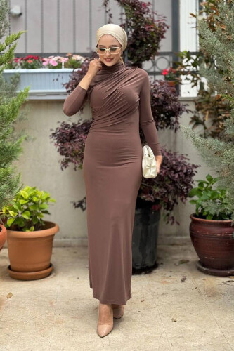 Büzgü Detaylı Sandy Elbise 3970 Kahverengi - Bym Fashion