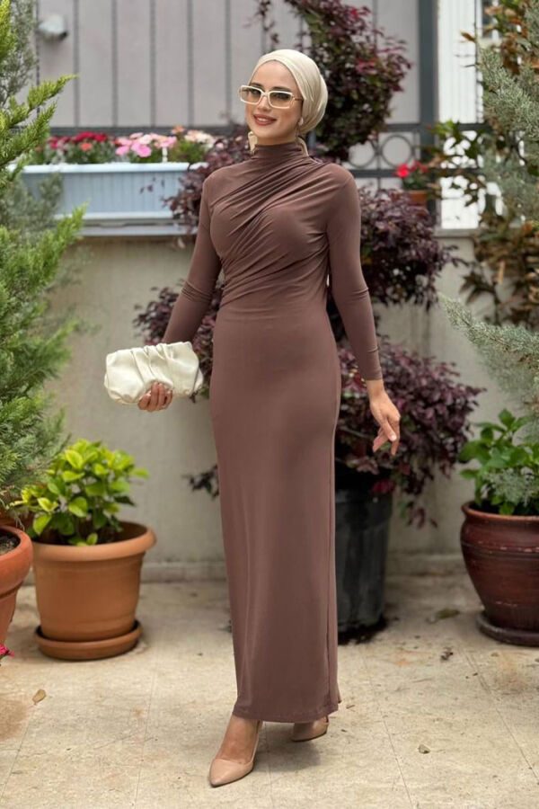 Büzgü Detaylı Sandy Elbise 3970 Kahverengi - 3