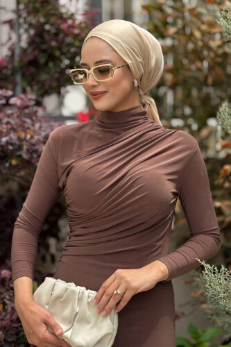 Büzgü Detaylı Sandy Elbise 3970 Kahverengi - 4