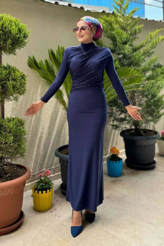 Büzgü Detaylı Sandy Elbise 3970 Lacivert 
