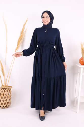 Fermuarlı Kol Manşetleri Lastikli Fırfırlı Elbise 6001 Lacivert - Bym Fashion