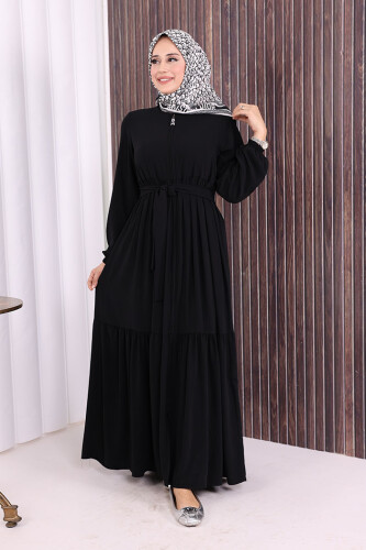 Fermuarlı Kol Manşetleri Lastikli Fırfırlı Elbise 6001 Siyah - Bym Fashion