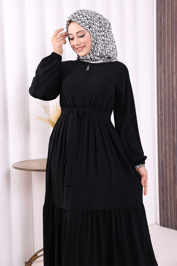 Fermuarlı Kol Manşetleri Lastikli Fırfırlı Elbise 6001 Siyah - 5
