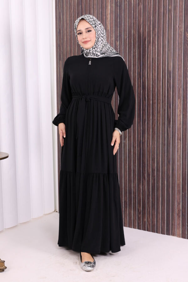Dubai Fermuarlı Kol Manşetleri Lastikli Fırfırlı Elbise 6001 Siyah - 2