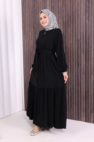 Dubai Fermuarlı Kol Manşetleri Lastikli Fırfırlı Elbise 6001 Siyah - 3