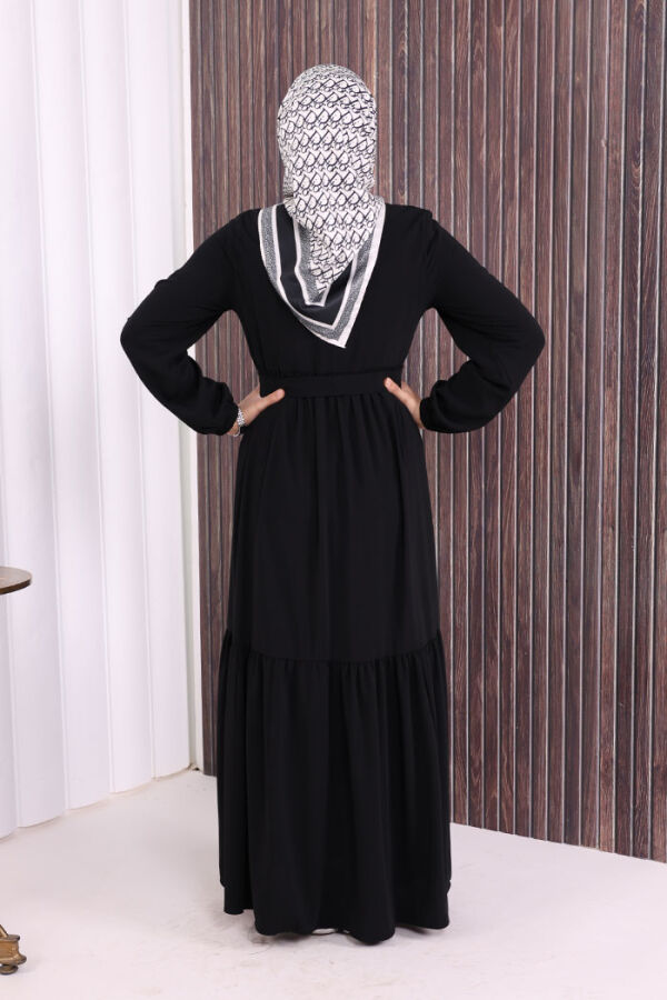 Dubai Fermuarlı Kol Manşetleri Lastikli Fırfırlı Elbise 6001 Siyah - 4