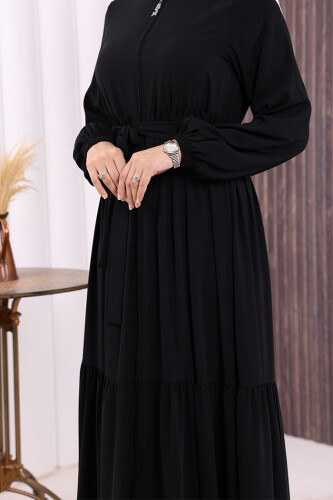 Dubai Fermuarlı Kol Manşetleri Lastikli Fırfırlı Elbise 6001 Siyah - 6
