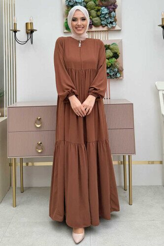 Fermuarlı Kol Manşetleri Lastikli Fırfırlı Elbise 6001 Taba - bym fashion