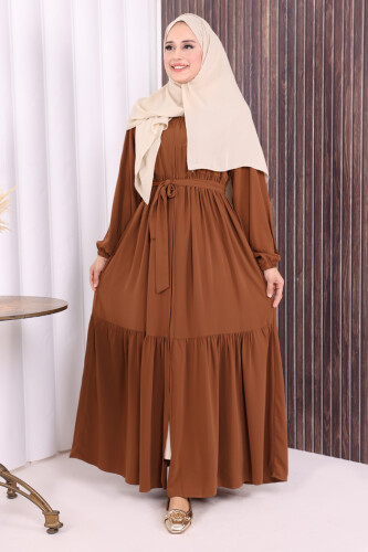 Fermuarlı Kol Manşetleri Lastikli Fırfırlı Elbise 6001 Taba - Bym Fashion