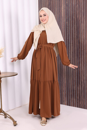 Fermuarlı Kol Manşetleri Lastikli Fırfırlı Elbise 6001 Taba - 2