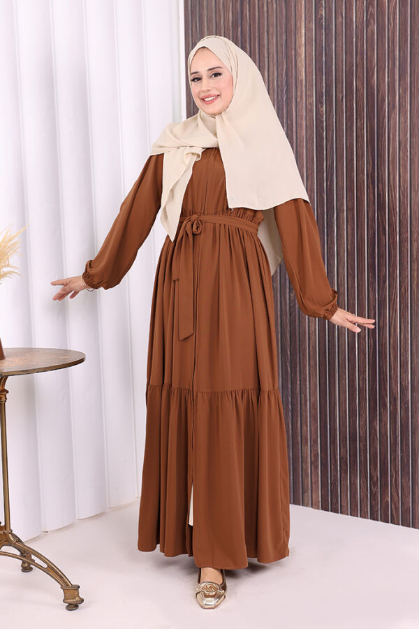 Fermuarlı Kol Manşetleri Lastikli Fırfırlı Elbise 6001 Taba - 2