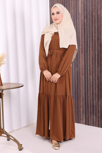 Fermuarlı Kol Manşetleri Lastikli Fırfırlı Elbise 6001 Taba - 3