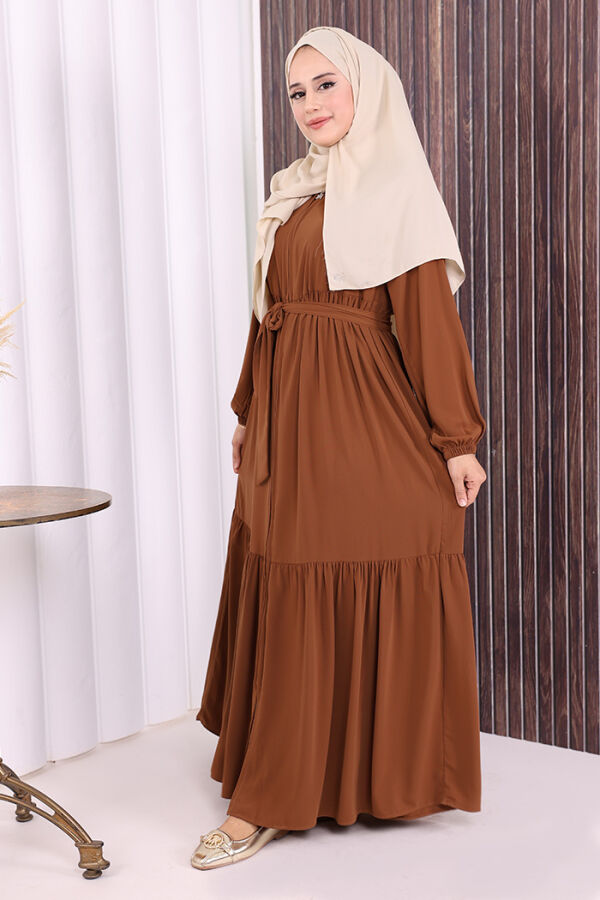 Fermuarlı Kol Manşetleri Lastikli Fırfırlı Elbise 6001 Taba - 4