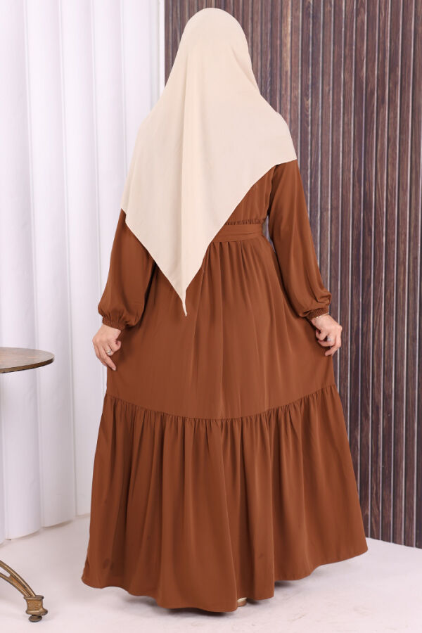 Fermuarlı Kol Manşetleri Lastikli Fırfırlı Elbise 6001 Taba - 5