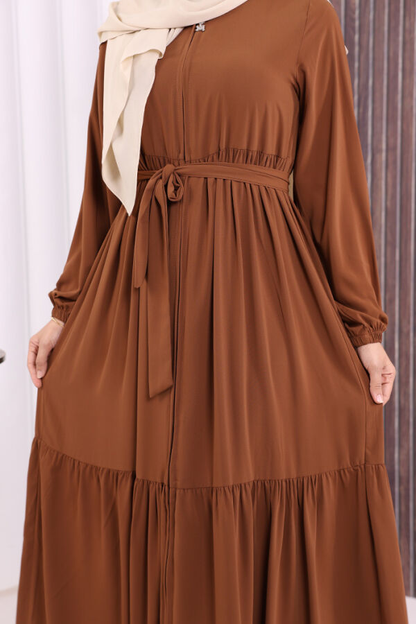 Fermuarlı Kol Manşetleri Lastikli Fırfırlı Elbise 6001 Taba - 7