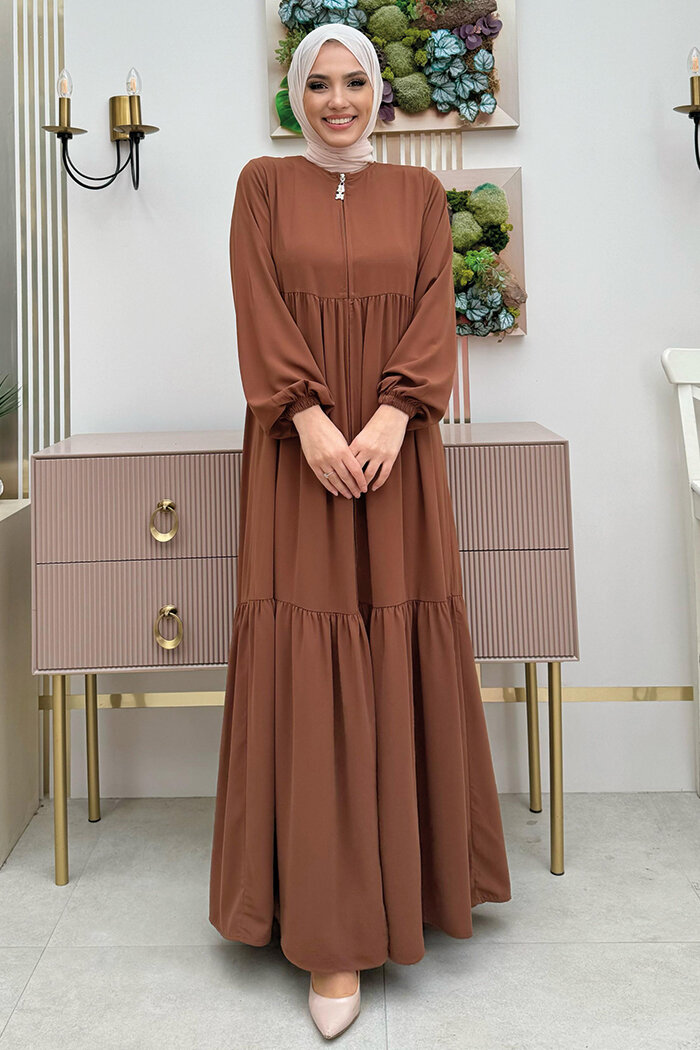 Dubai Fermuarlı Kol Manşetleri Lastikli Fırfırlı Elbise 6001 Taba - 8